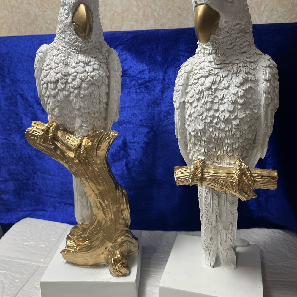 Vintage 12” White & Gold Parrot Statues | Hollywood Regency Decor Pair